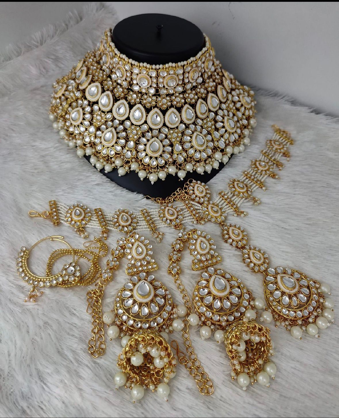 Kundan White Pearl Ethnic Bridal Jewelry Set | 4 Piece Collection
