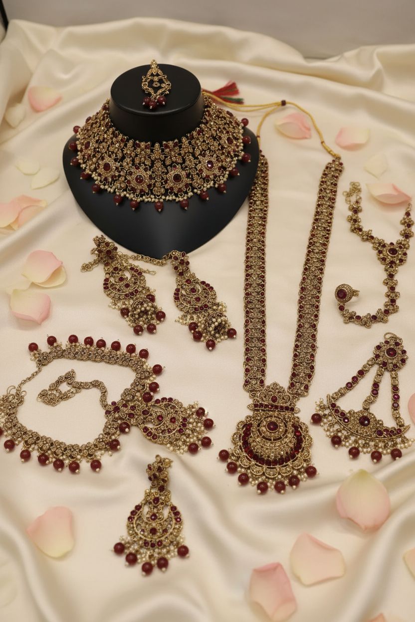Kundan Maroon Bridal Jewelry Set | 7 Piece Dulhan Collection