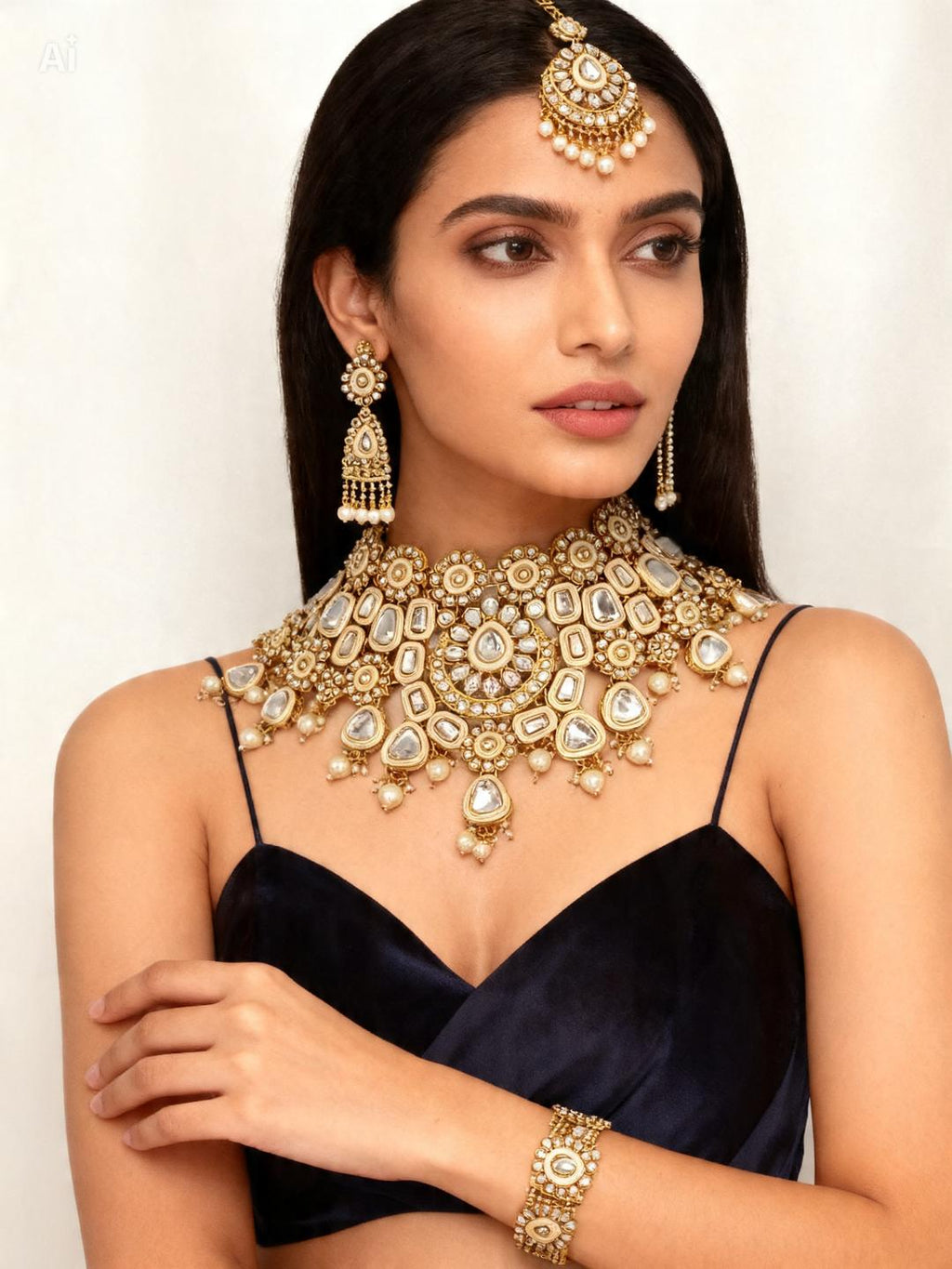 Kundan White Pearl Ethnic Bridal Jewelry Set | 4 Piece Collection
