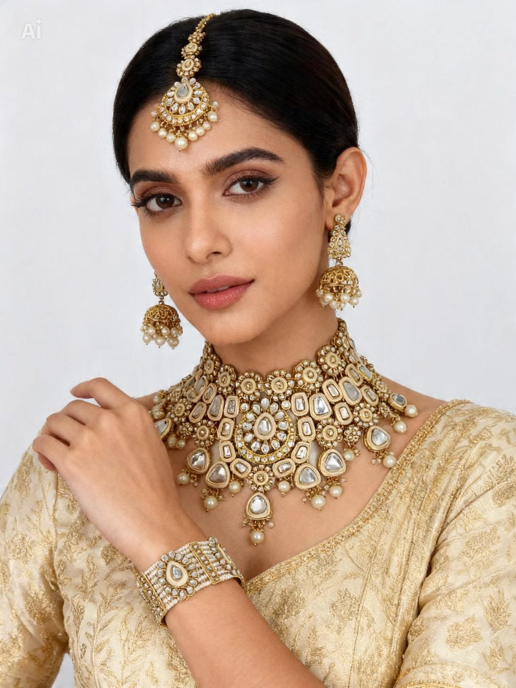Kundan White Pearl Ethnic Bridal Jewelry Set | 4 Piece Collection