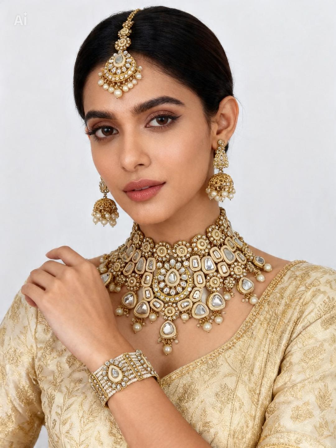 Kundan White Pearl Ethnic Bridal Jewelry Set | 4 Piece Collection