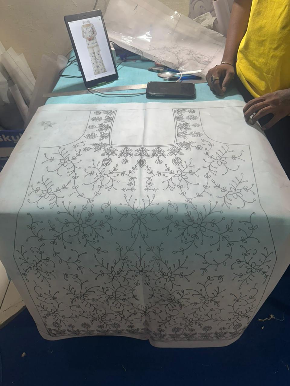 Ivory Blue Floral Hand Embroidered Unstitched Suit (Lining Will Be Provided)