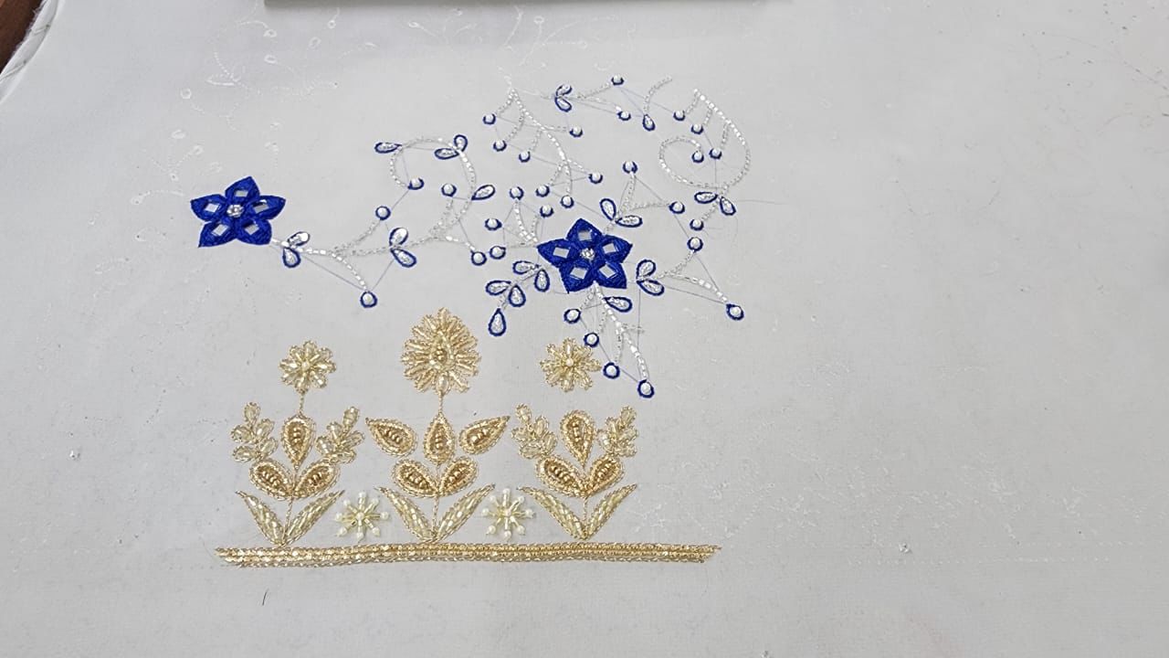 Ivory Blue Floral Hand Embroidered Unstitched Suit (Lining Will Be Provided)