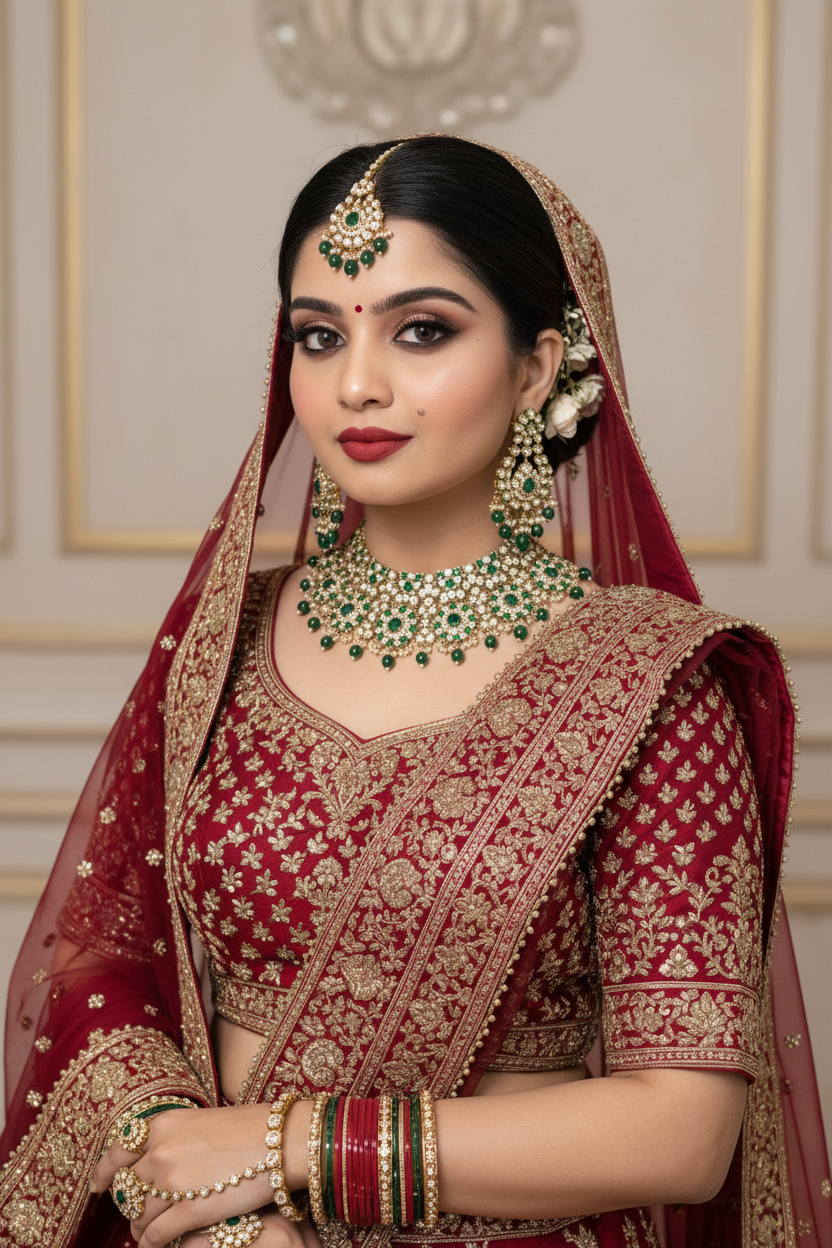 Bridal Look with Emerald Kundan Set