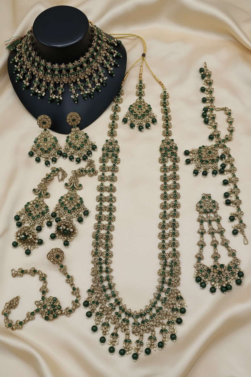 Green Shadow Bridal Set on Cream Gold Background