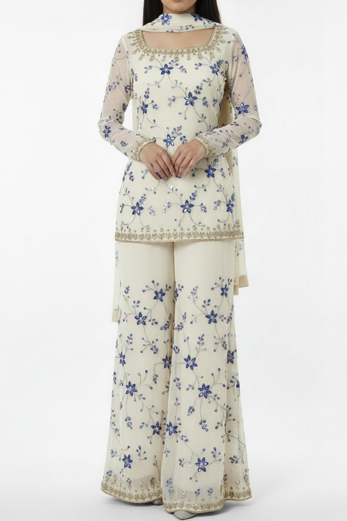 Ivory Blue Floral Hand Embroidered Unstitched Suit