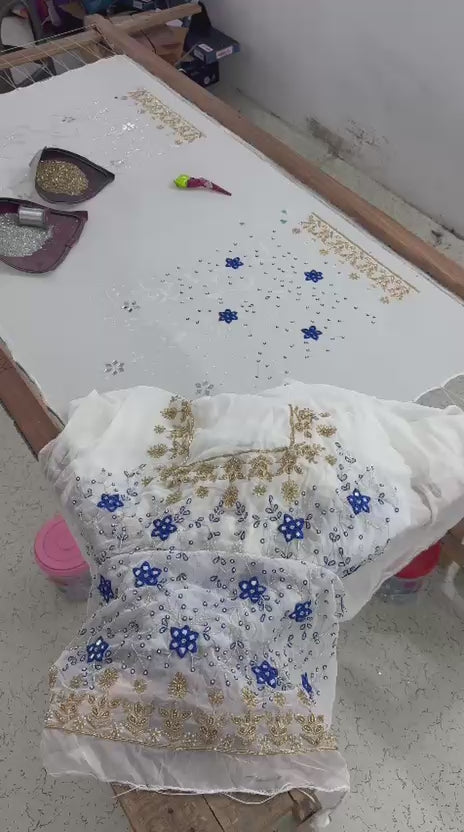 Ivory Blue Floral Hand Embroidered Unstitched Suit (Lining Will Be Provided)