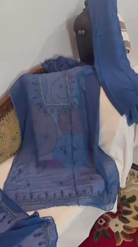 Royal Blue Hand Embroidered Unstitched Suit (Lining Will Be Provided)